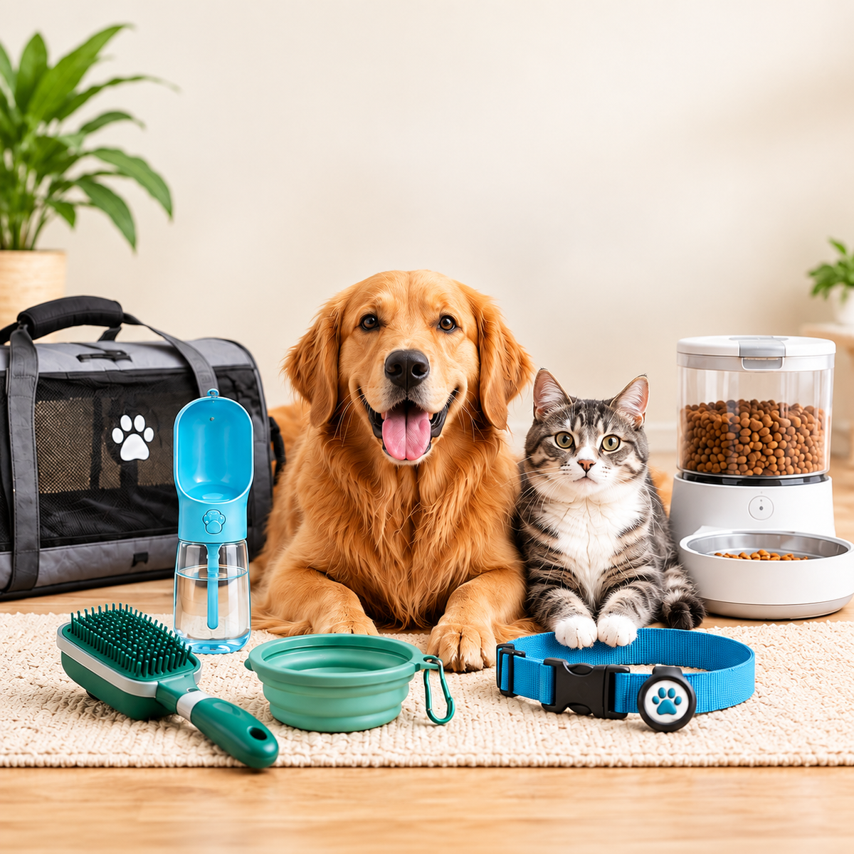 Pet Essentials collection featuring dog and cat grooming, feeding, hydration, safety, and travel products