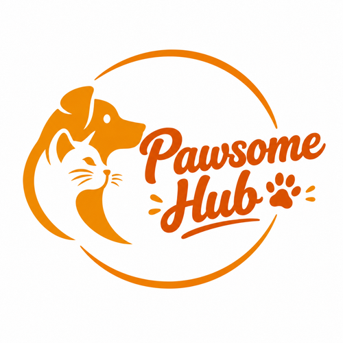 A circular logo design featuring the words 'Pawsome Hub' in orange around a stylized white dog and cat silhouette, with two orange paw prints on either side, set on a light cream background.